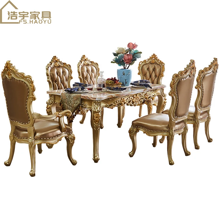 solid oak wood European style gold dining set with 6 chairs, luxury marble dining table set (1785210874)