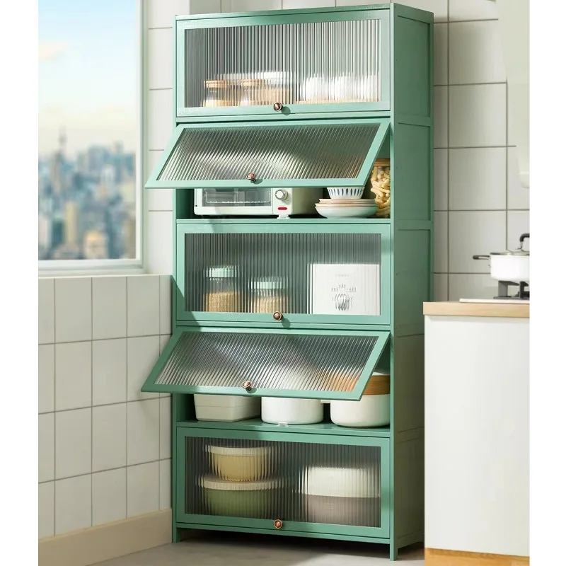 Floor Standing Dustproof Door Bamboo Kitchen Bowl Spice Dishes Organizer Storage Cabinet