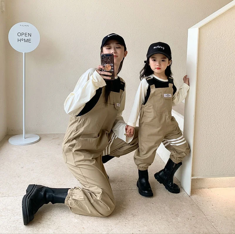 Boutique fashion autumn casual label overall pants mommy and child baby me pants matching clothes