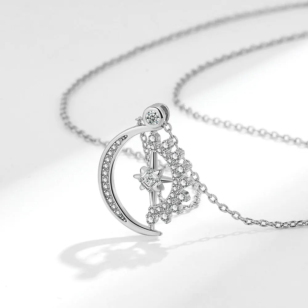 Hot Selling Anti Stress Spinner Fidget Necklaces Jewelry Crystal Spinning Anxiety Necklace Rotatable Zircon Moon Star Necklace