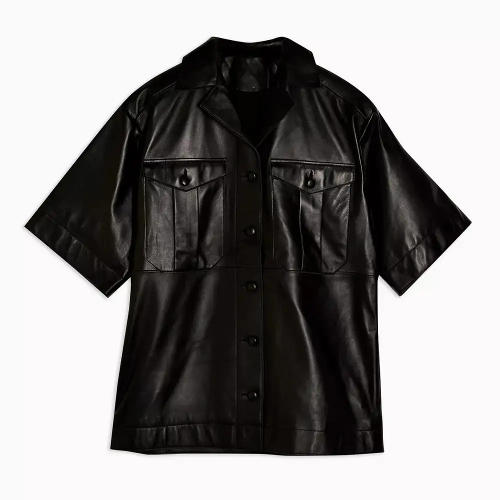 
Wholesale Hot Selling Short Sleeves Black Jacket Women Leather Shirts Casual Women Clothes 