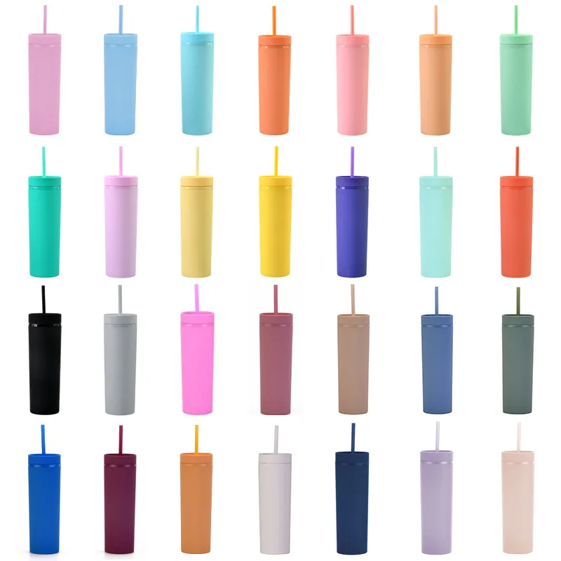 450ml/16oz Reusable Double Wall Plastic Slim Matte Skinny Tumbler Acrylic Water Bottle with Straw