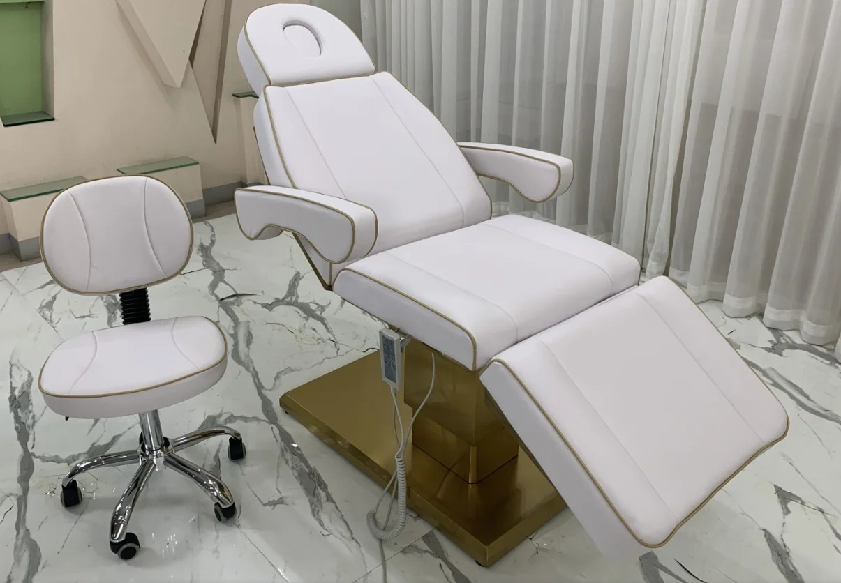 High Quality Beauty Bed Chair  Beauty Salon Furniture Gold Base Three Motors Massage Bed Electric Adjustment Lash Bed For Sale