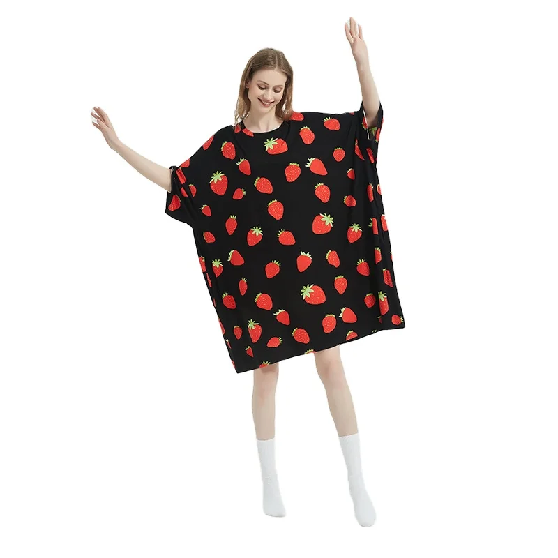 Customized Strawberry Design Oversized Women Summer Cooling Bamboo Nightgowns Sleep Tshirt Sleeping Tee