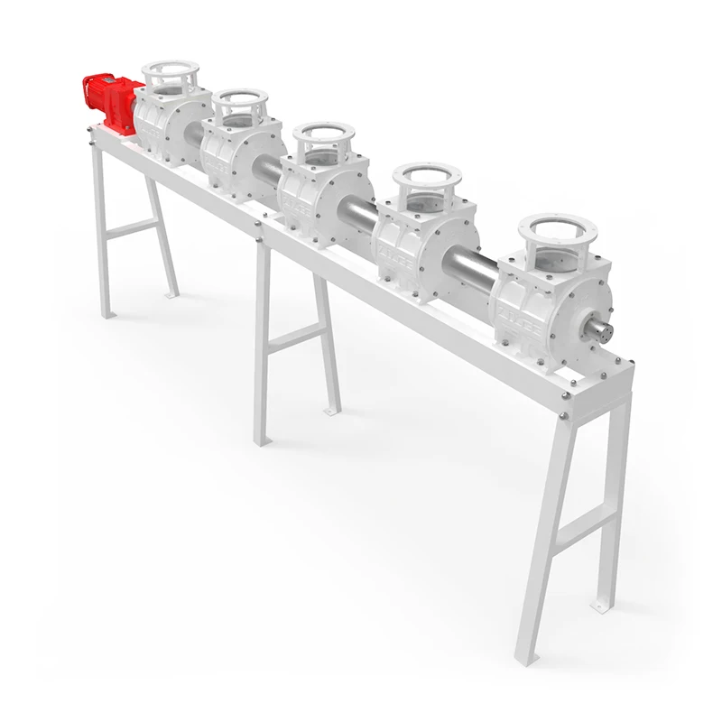 High efficiency drop through rotary airlock valve under dust collector for powder pneumatic conveying systems