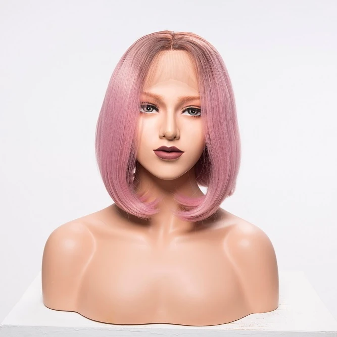 
 Светло-розовый синтетический короткий парик с коричневыми корнями Омбре, парик на шнуровке без клея, термостойкие волосы, парик на шнуровке для Хэллоуина, Лидер продаж на Amazon  