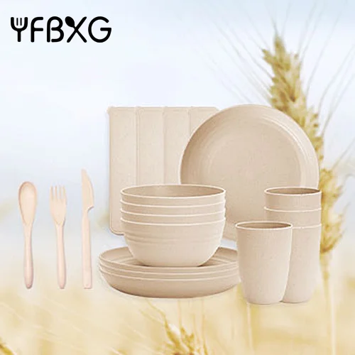 Plates and Bowls Spoon Fork Knife Set Wheat Straw Plastic Dinnerware Tableware Set