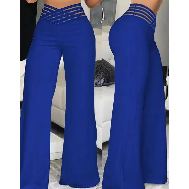 Elegant High Waist Flared Pants for Women Overlap Waisted Textured Crisscross Sheer Mesh Design Female Work Trousers