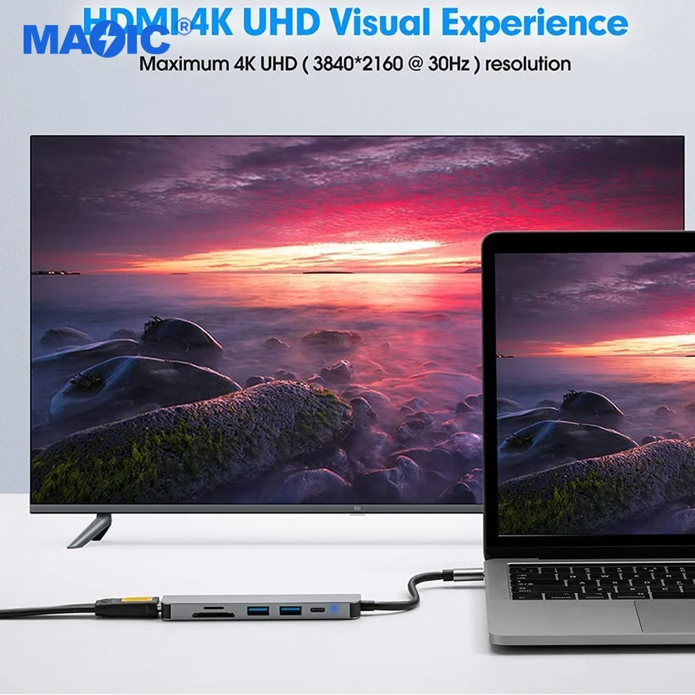 Компьютерное оборудование, программное обеспечение, type c, зарядный концентратор, многопортовый адаптер, usb c концентратор 6 в 1 с 4k, 30 Гц, порт hdmi, USB 3,0, порт USB 2,0