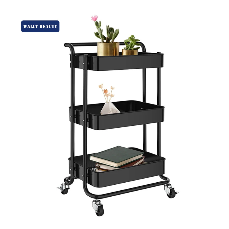 Wallybeauty high quality custom three-tier mobile storage cart with mesh basket salon storage black trolley