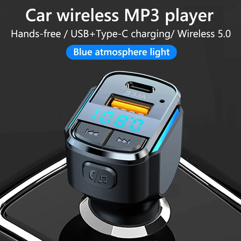 Blue Light Usb Type C Fast Charging Wireless Handsfree Bt Car Kit Fm Transmitter Usb C Car Mp3 Player