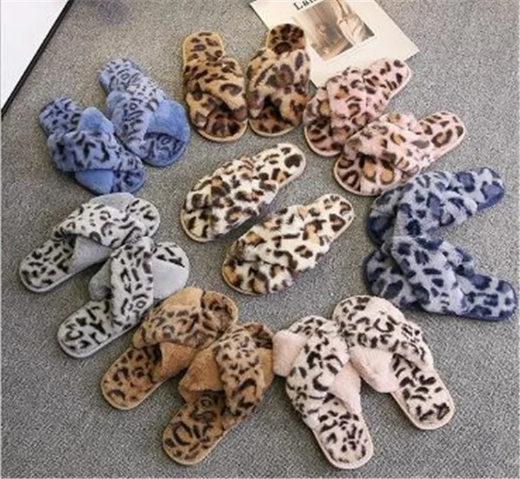 High Quality Plush Women Leopard Cross Slippers Ladies House Shoes