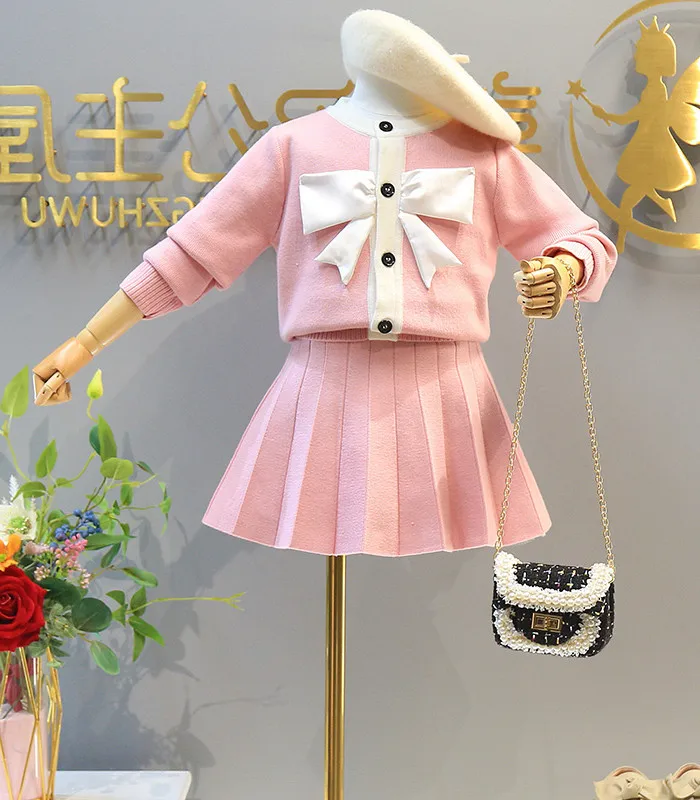 New Style Kids Children Winter Clothing Set Knitting Cardigan Skirt  Baby Girl Winter Cardigan Sweater With Bow