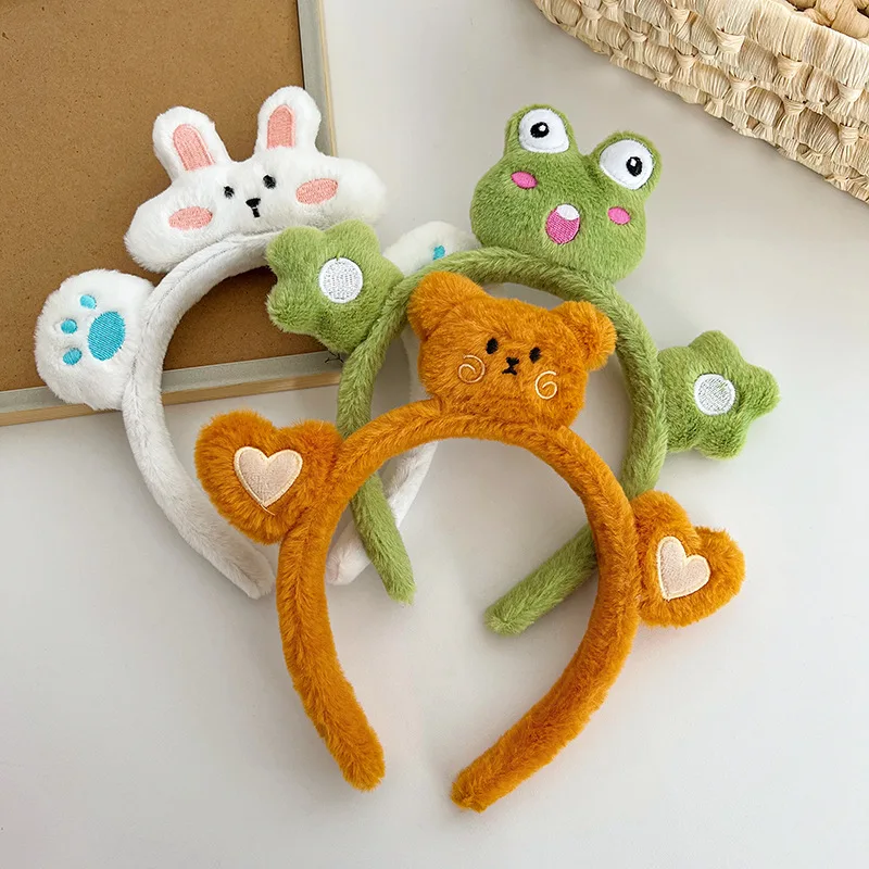 Fluffy Fabric Cartoon Sweet Hair Bands For Women Panda Cute Rabbit Embroidery Hairbands Frog Decorative Velvet Hair Accessories