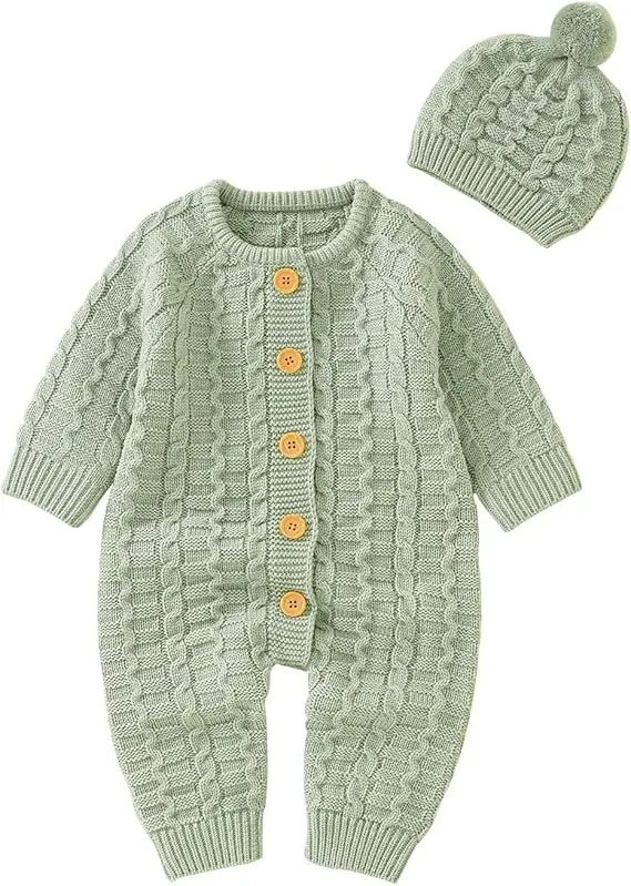 New Born Baby Wholesale Custom Clothes Set 0-3 Months Knitted Sweater Romper with Beanie Hat for kids