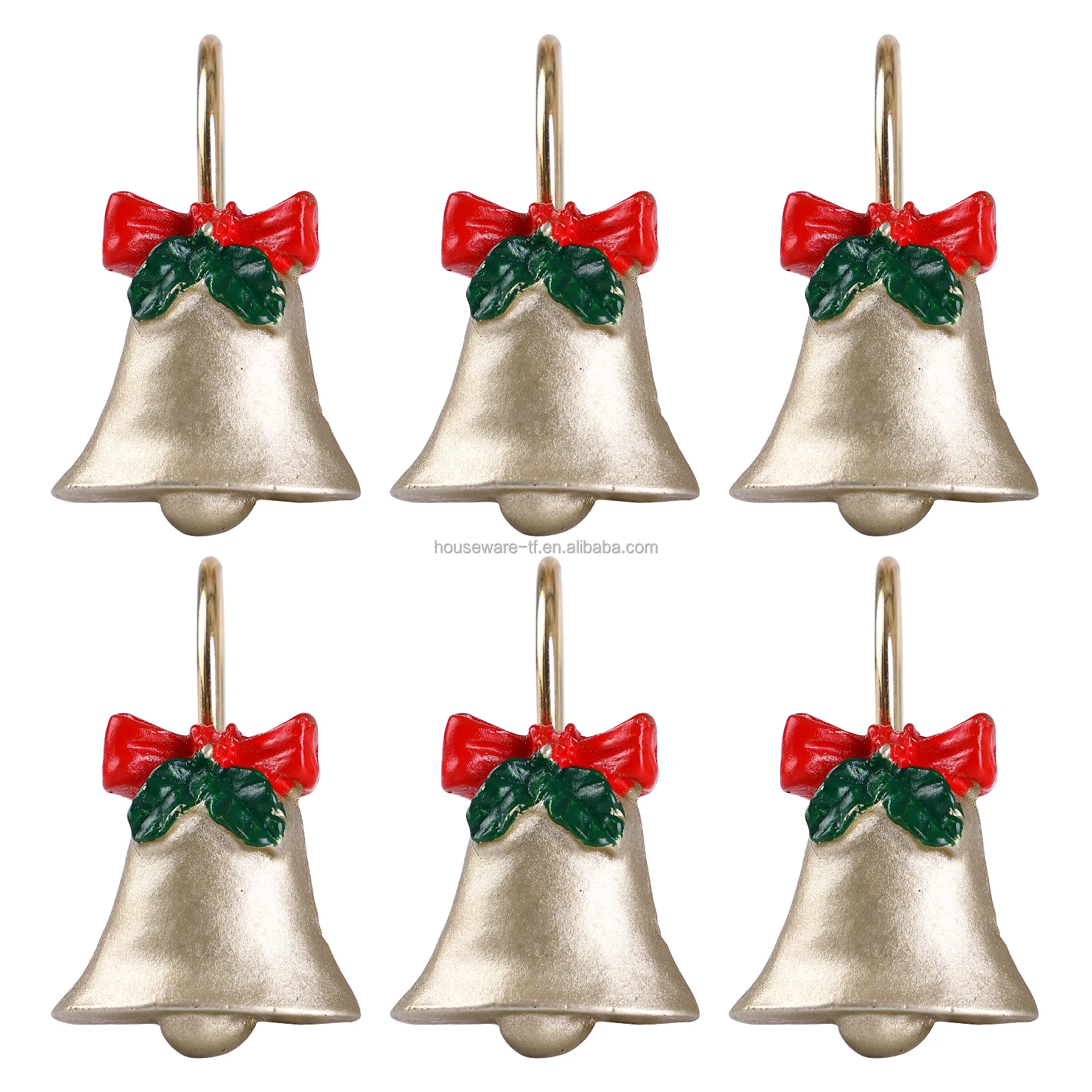 Decorative Rust Proof Christmas Bells Shower Curtain Ring Gifts Bowknot Shower Curtain Hooks Set of 12