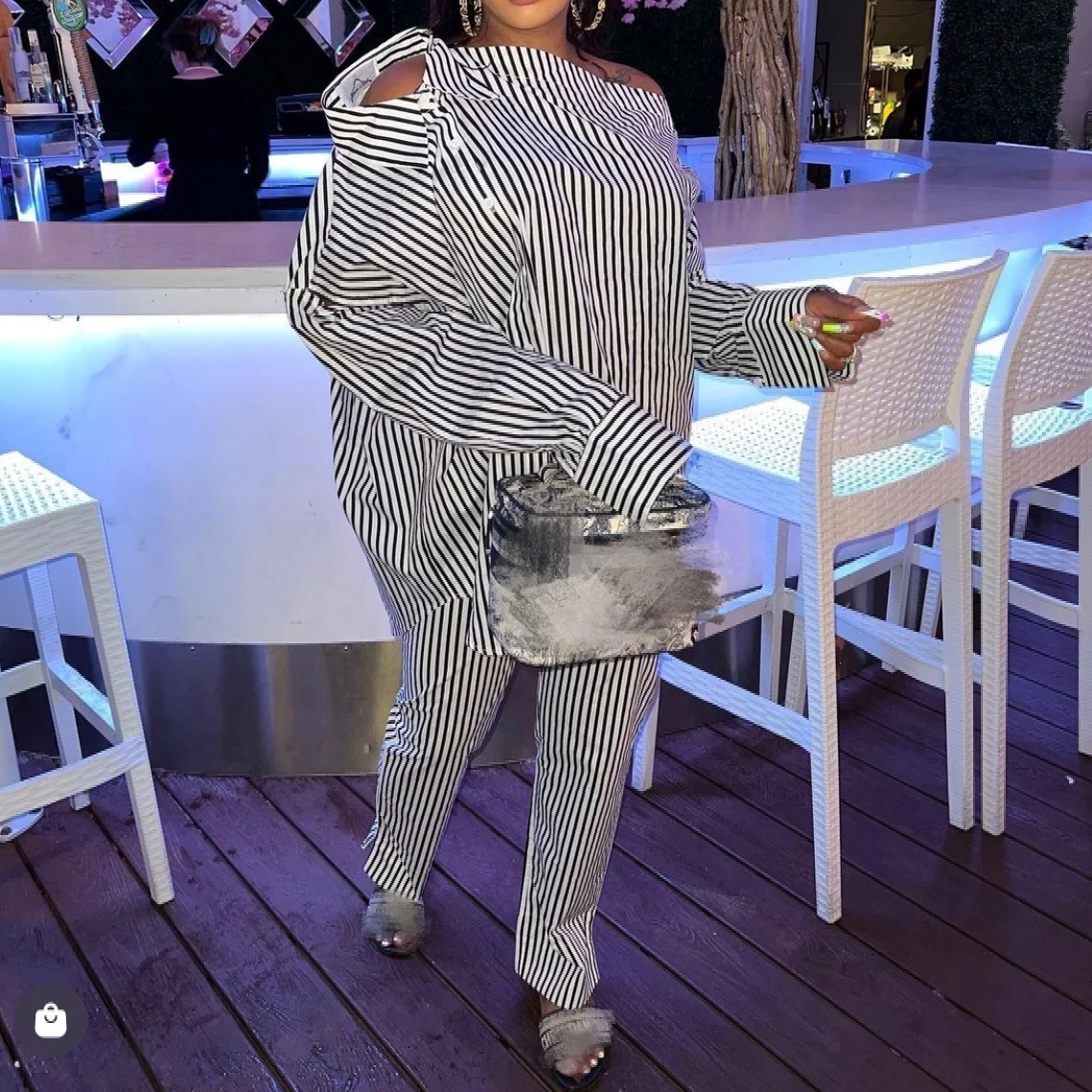 New Unique Fall Spring Lady Casual Loose Stripe Blouse Pants 2 Piece Set Two Piece Pants Set Women Clothing 2 Piece Set Women