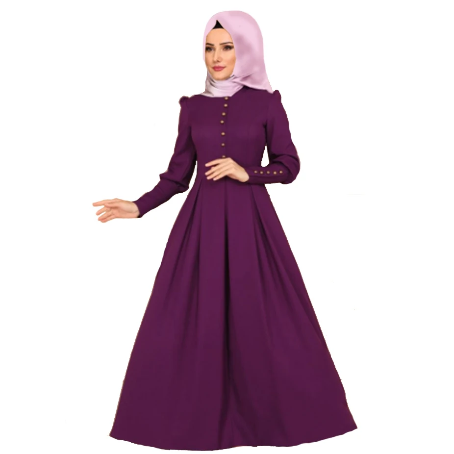 
New Women Round Neck Long Sleeve Closure Cuff High Waist Big Skirt Abaya Muslim Dress 