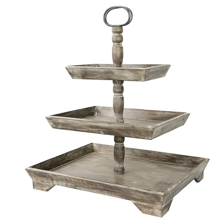 Home decorative simple structure storage rack 3 tier tray wood