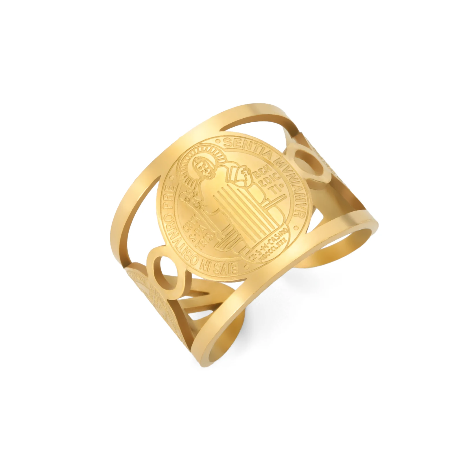 Saint Benedict of Nursia Ring Stainless Steel Finger Ring Holy Catholicism Religious Amulet Jewelry Gift for Men Women