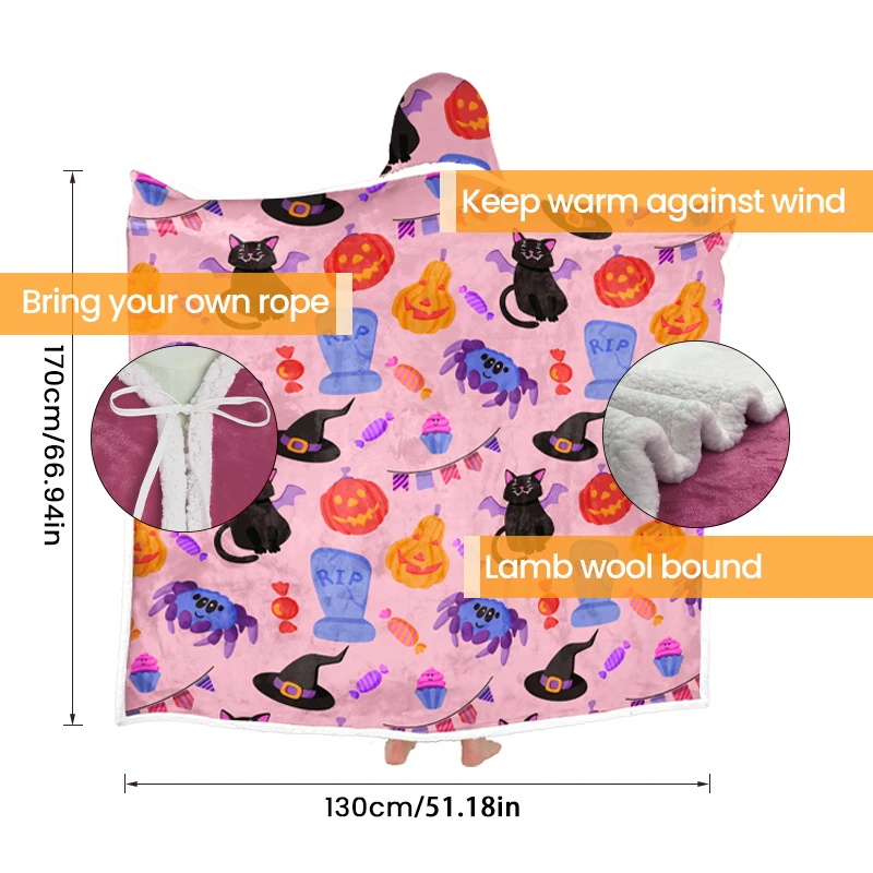 2024 Newest Halloween Design Wearable Poncho Blankets Custom Printed Fleece Wholesale Hoodie Blanket