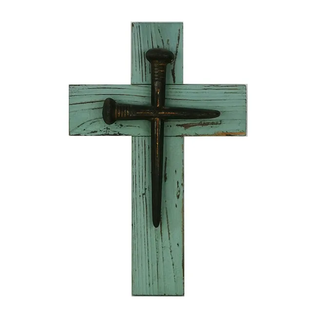 Hot Sell Well New Type Wholesale Religious Wood Wall Decoration Cross Religious Wooden Turquoise Cross with Nails