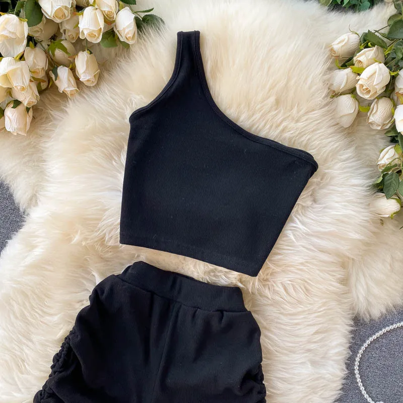 2021 Summer Children Clothes One Shoulder Diagonal Collar Short T Shirt Draw Rope Fold High Waist Wide Leg Short Girls Outfits