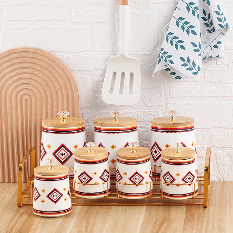 Home Kitchen Luxury Gold 7pcs Round Tea Coffee Sugar Salt Storage Jar Ceramic Spice Canisters Set with Bamboo Lid