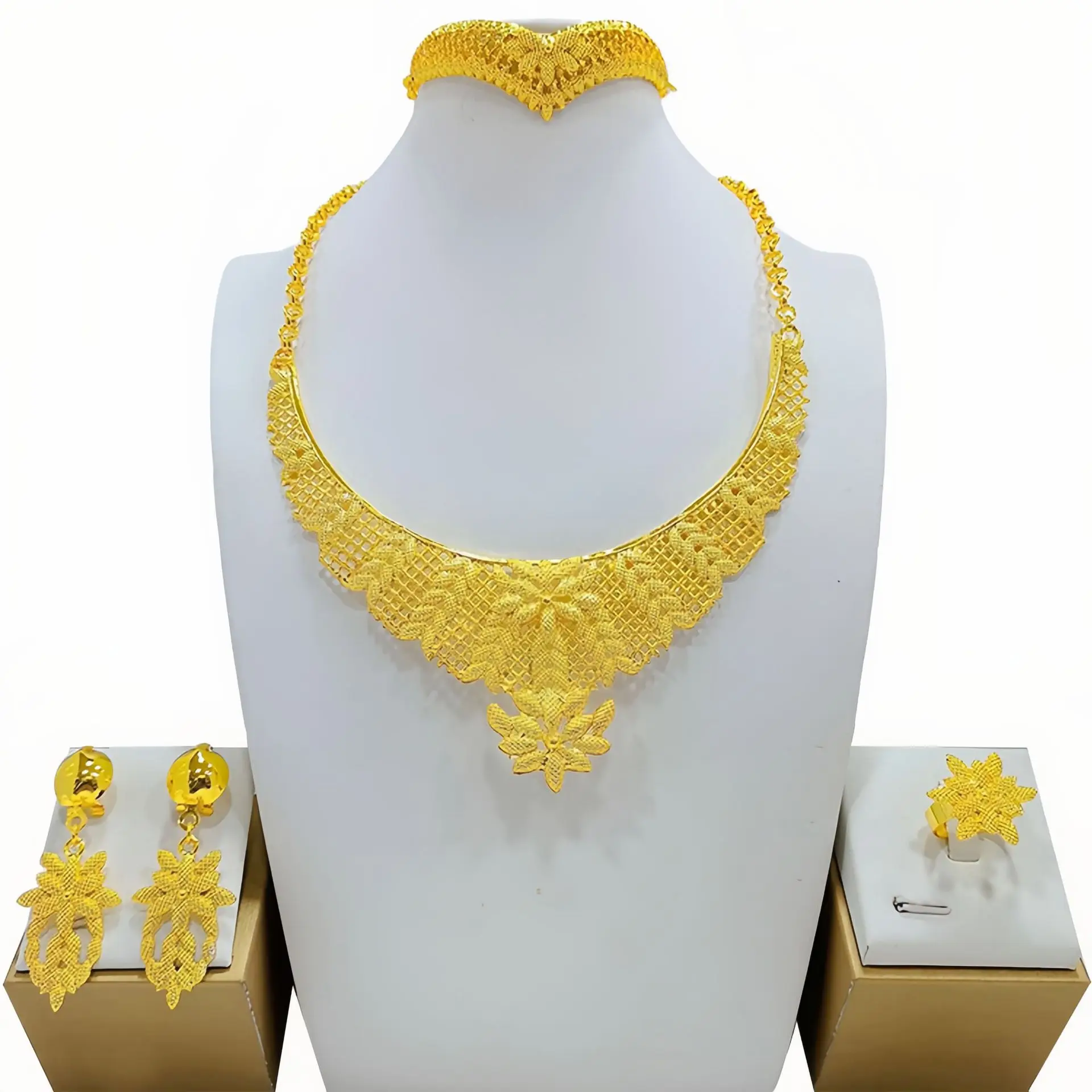 Dubai Gold Plated Jewelry Set Women Necklace Bracelet Earrings Ring Middle East Wedding Fashion Jewelry Sets