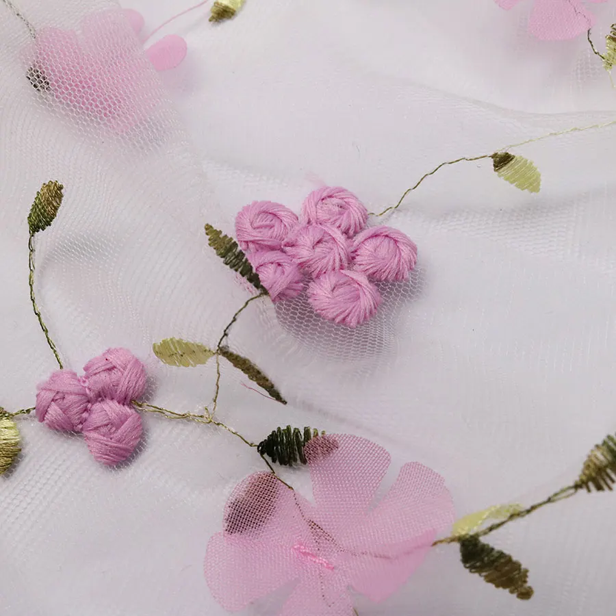 High Quality Lovely Pink and White 3D Laser Cut Embroidered Embroidery Lace Fabric for Wedding
