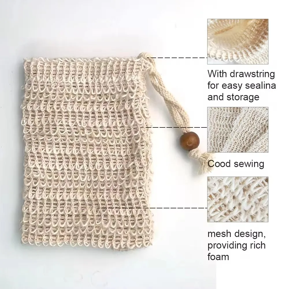 Organic Biodegradable Eco Friendly Natural Exfoliating Bath Sisal Soap Net Mesh Drawstring Pouch Bag Custom Logo Sisal Soap Bag
