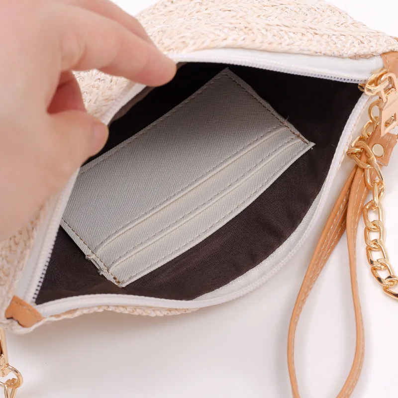 Chic Eco Friendly Handwoven Straw Crossbody Handbag Girl Summer Beach Gold Chain Square Zipper Clutch Bag Women Vacation Purse