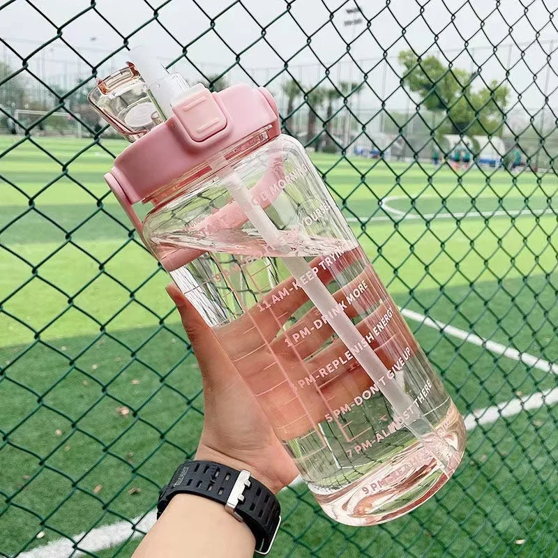 Custom Logo Reusable Gym Sports 2L Clear Motivational Half Gallon Plastic Water Bottle with Time Marker and Straw