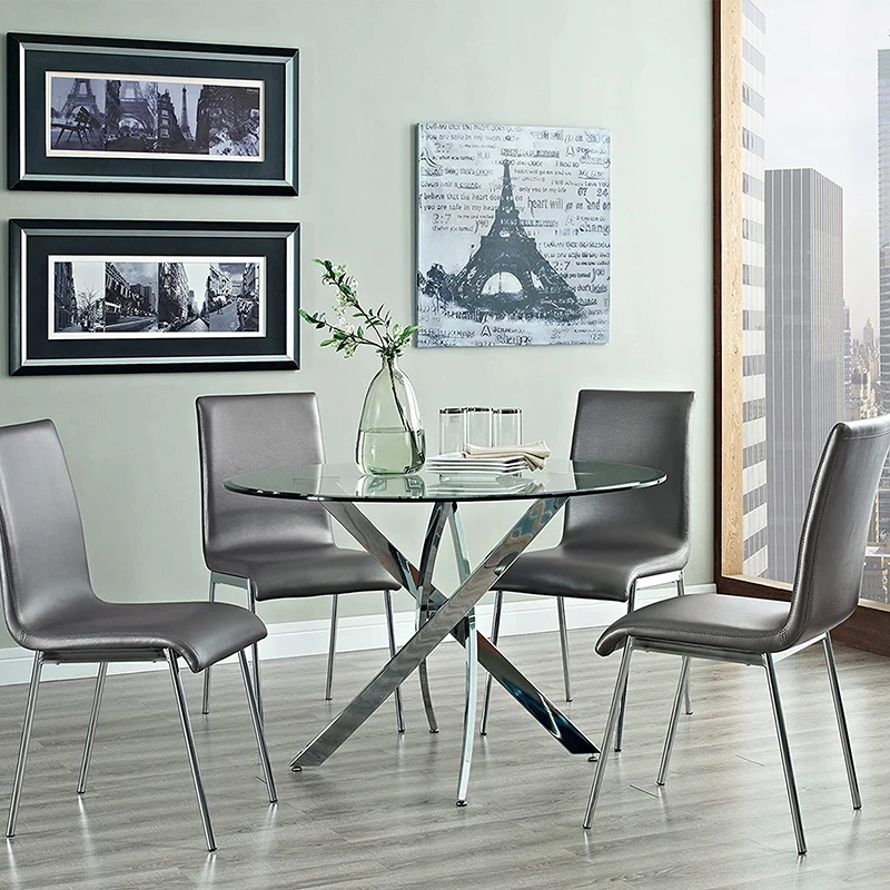 Verified Factory Glass Furniture Modern Nordic Metal Framed Small Round Glass Dining Table for Space Saving