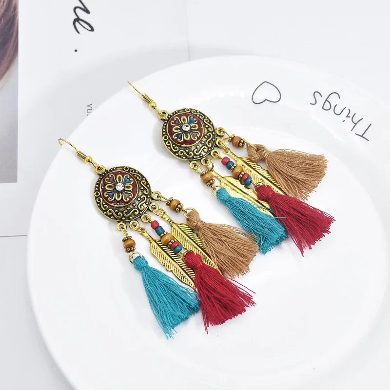 Bohemian Vintage Long Feather Resin Beaded Dangling Earrings Handmade Tassel Earrings Party Jewelry