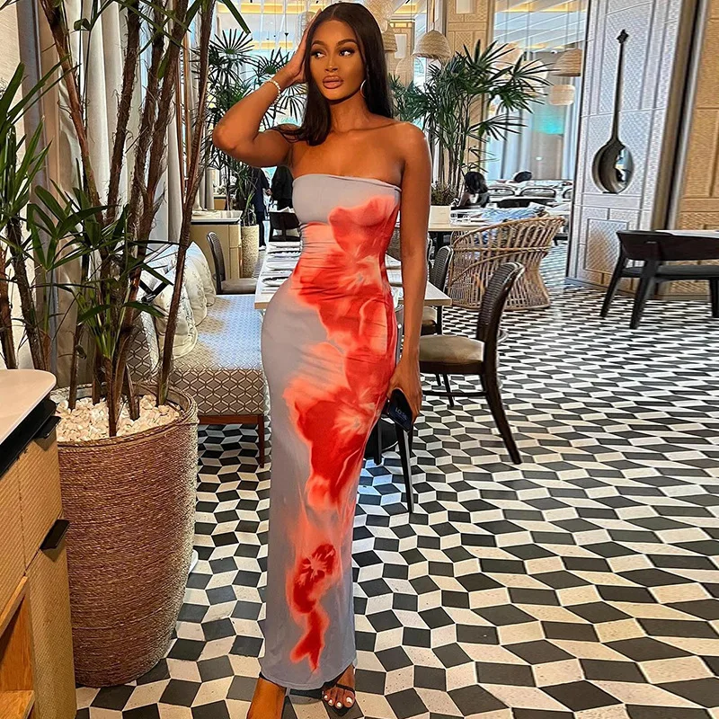 FS14434D women sleeveless strapless print maxi dress