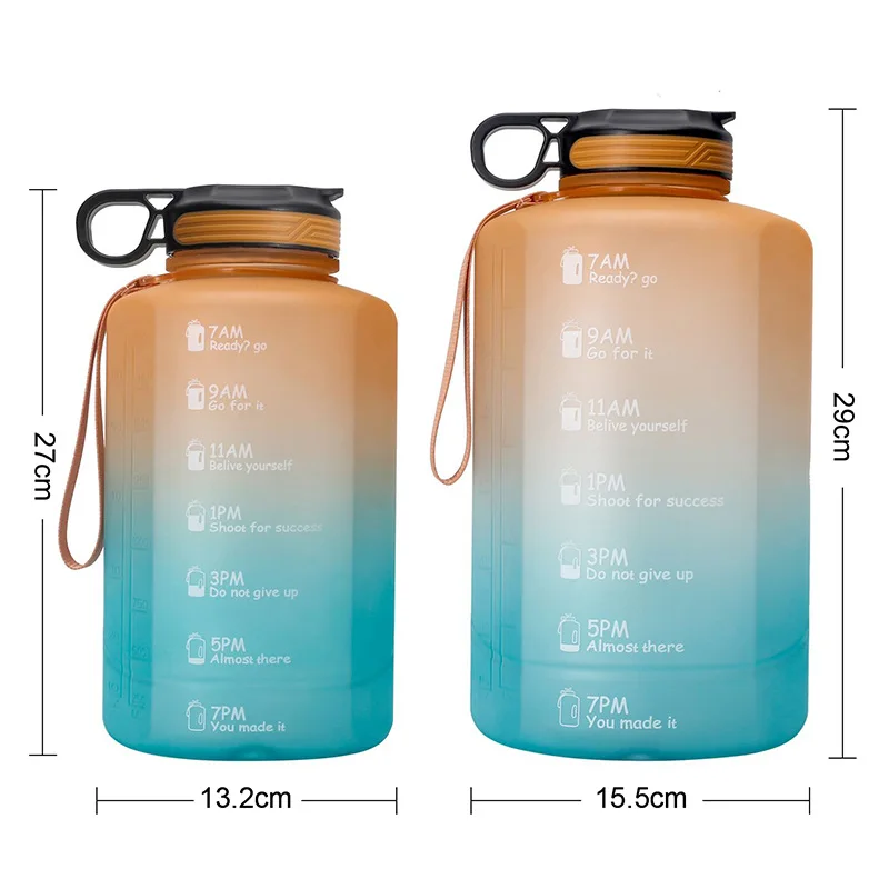 Plastic BPA Free Material Gradient Sports 2.2L Half Gallon 3.78L Gallon Gym Water Bottle with Time Marker
