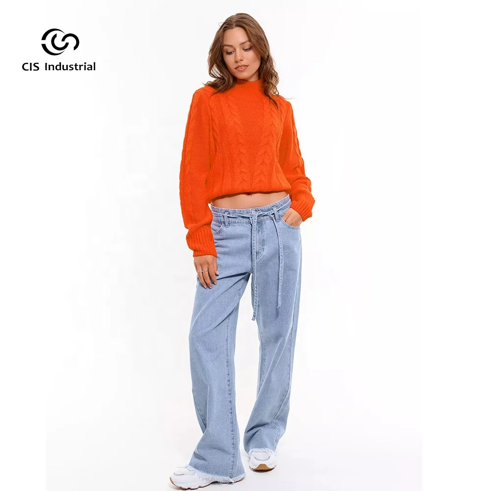Luxury knitwear manufacturers high quality heavyweight sweaters cashmere women orange  twist texture pullover sweater custom