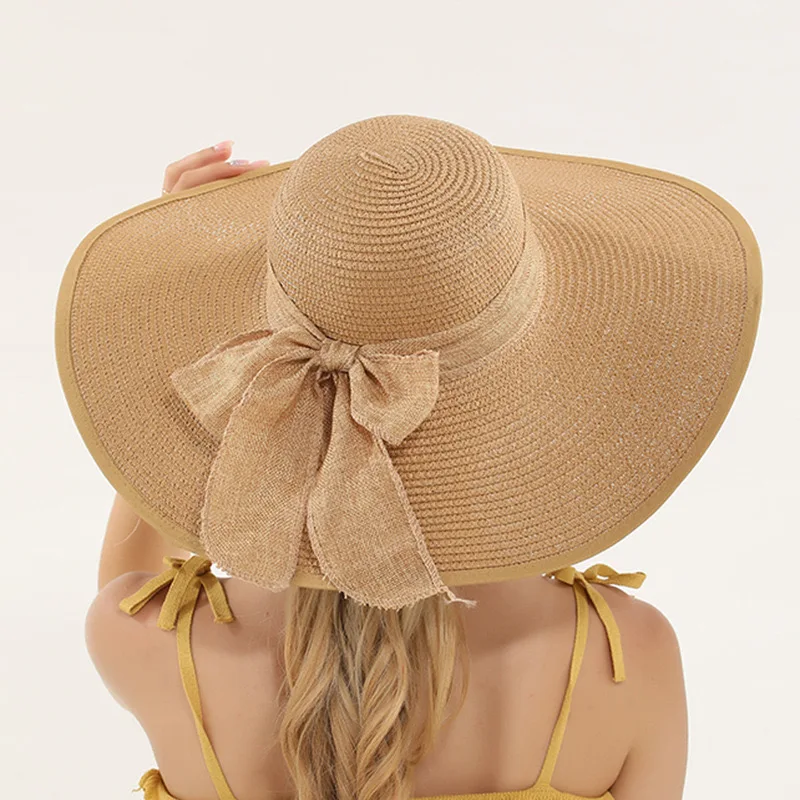 Wholesale Women Summer Hat Wide Brim Roll Sun Hat Sombrero Foldable Ribbon Bow Paper Straw Floppy Beach Hat for Lady  Sun Shade