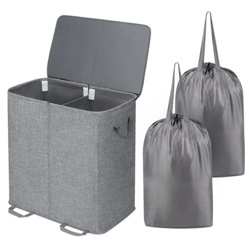 Portable Dirty Clothes Storage Basket Double Laundry Hamper With Lid and Removable Laundry Bags