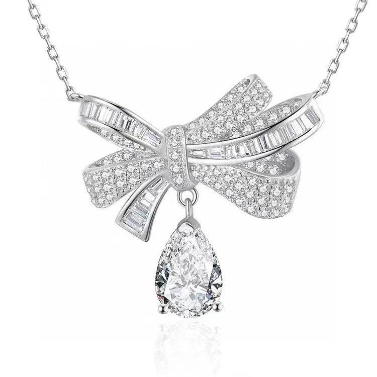 Trendy Fine Jewelry 925 sterling silver 18K White Gold Plated Fashion Pendant Custom bowknot Necklace