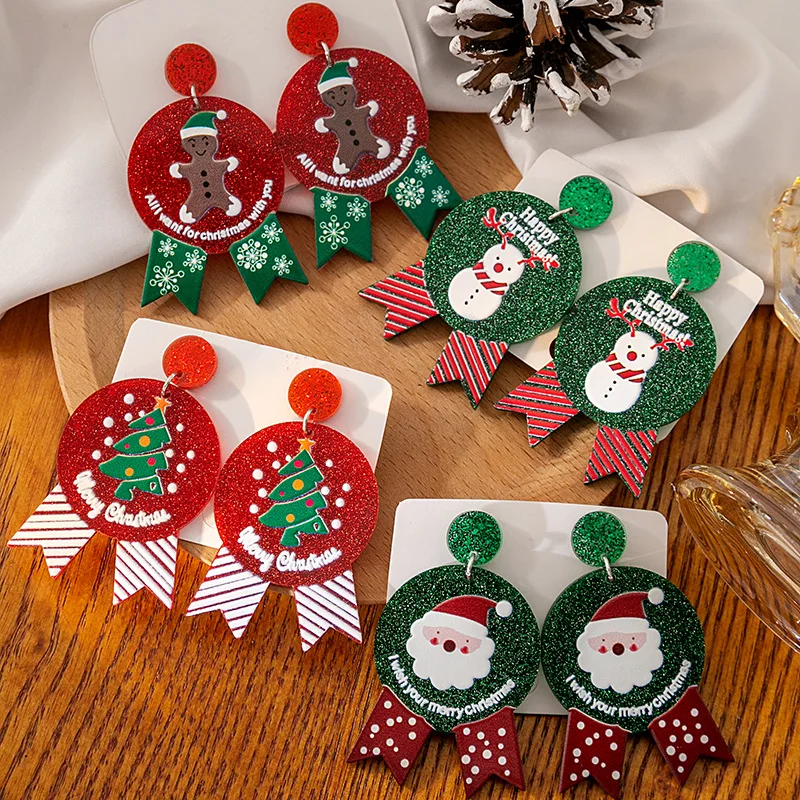 2024 New Fashion Sequin Acrylic Christmas Snowman Santa Dangle Earrings Cartoon Christmas Tree Earrings
