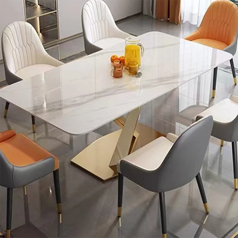 wholesale luxury dinning table set with grey solid marble top and 6 chairs stainless steel chrome dining table