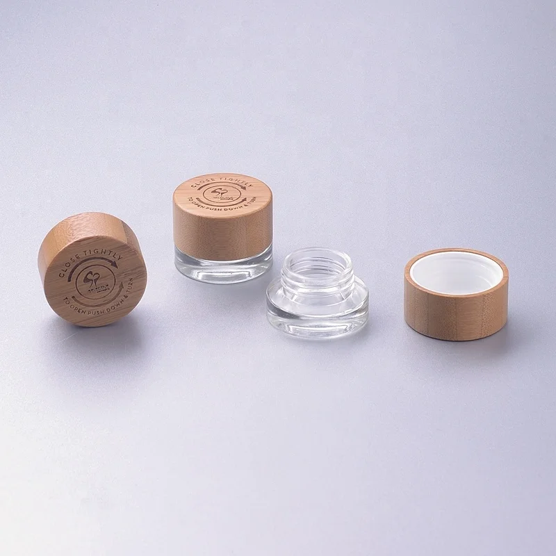 5g Small Clear Skincare cosmetic jar child resistant cap glass jars with bamboo wooden lids