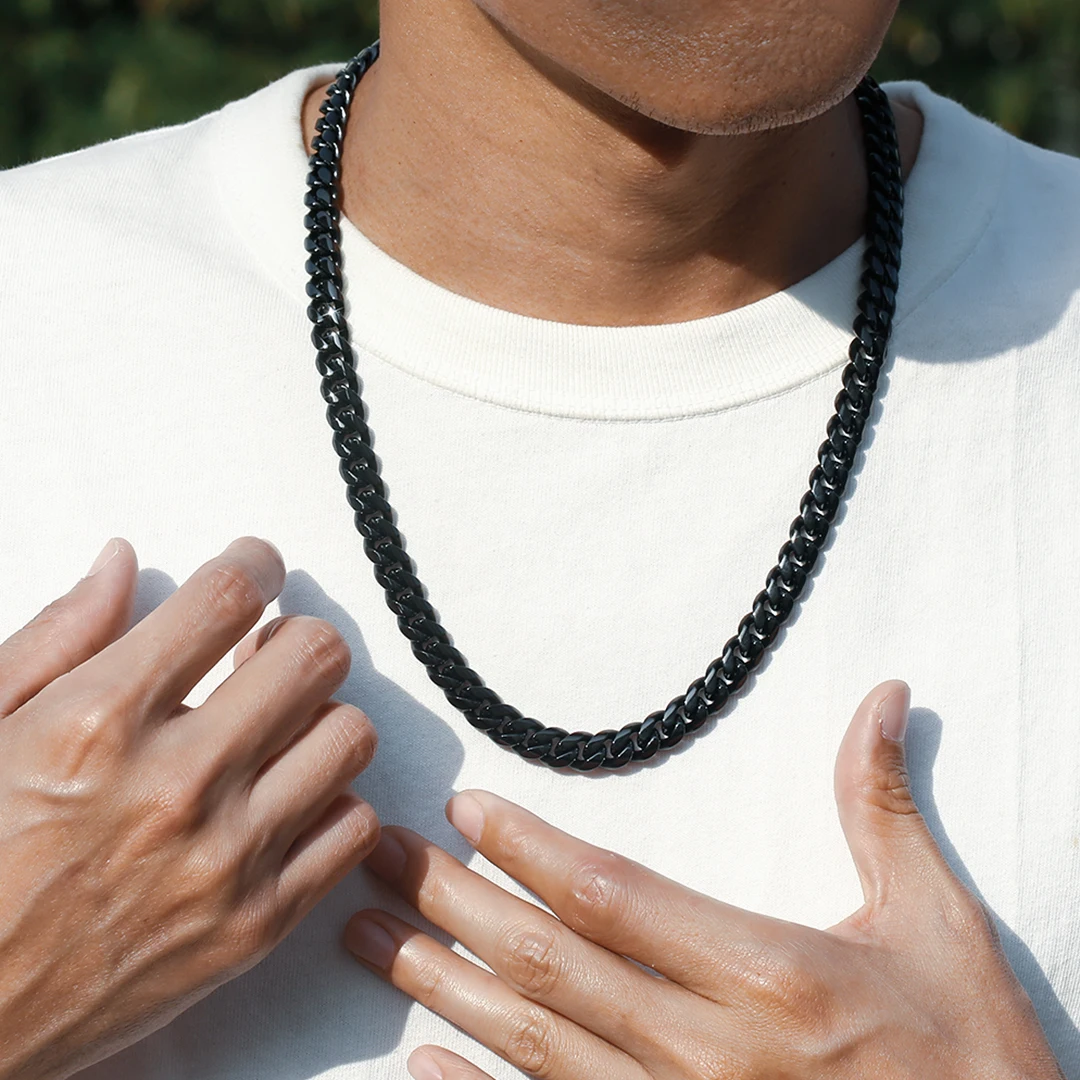 KRKC 10mm Black Gold Plated Miami Stainless Steel Curb Cuban Link Chain