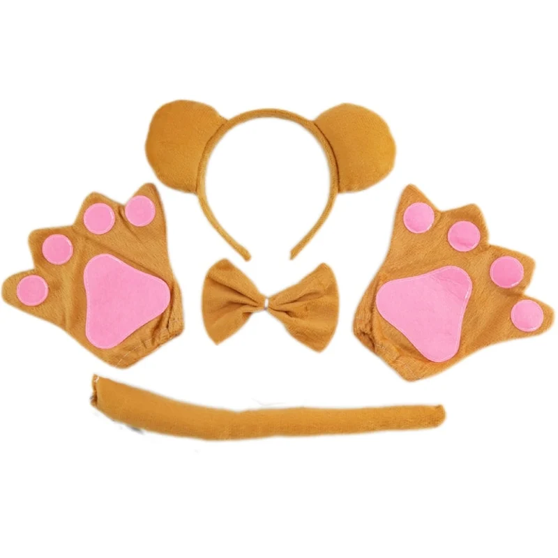 Cartoon Cute Brown Bear Raccoon Ears Headband Nose Bow Tie Tail Tutu Skirt Set Carnival Cosplay Performance Costume Decoration