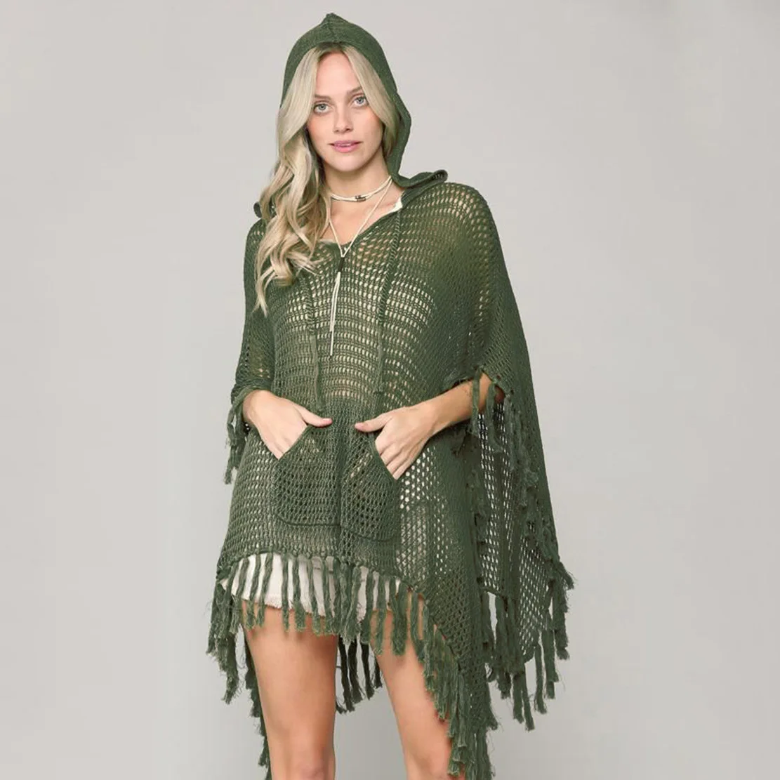 Women's Beach Cover Tassel Knitted Cover Ups Hooded Crochet Sweater Sexy Bikini Mesh Covers Bathing Suit Dress up Army Green