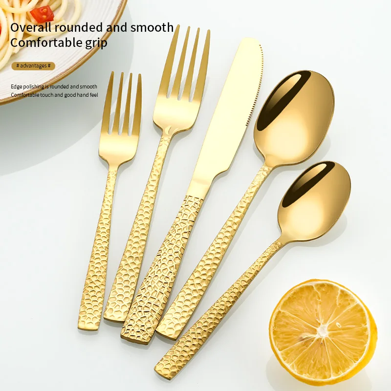 4pcs Dishwasher Safe Table Knife Forks Spoon Hammered Flatware Sets Luxury Silver Stainless Steel Cutlery Set