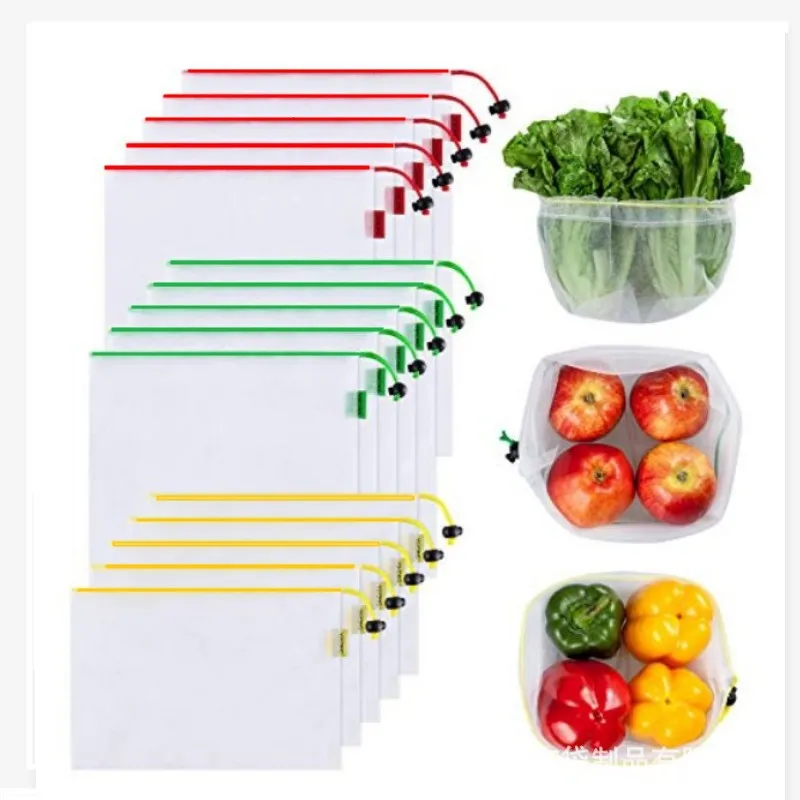 3 sizes 15 pcs one set  reusable eco-friendly see through fruit vegetable mesh grocery bags for supermarket