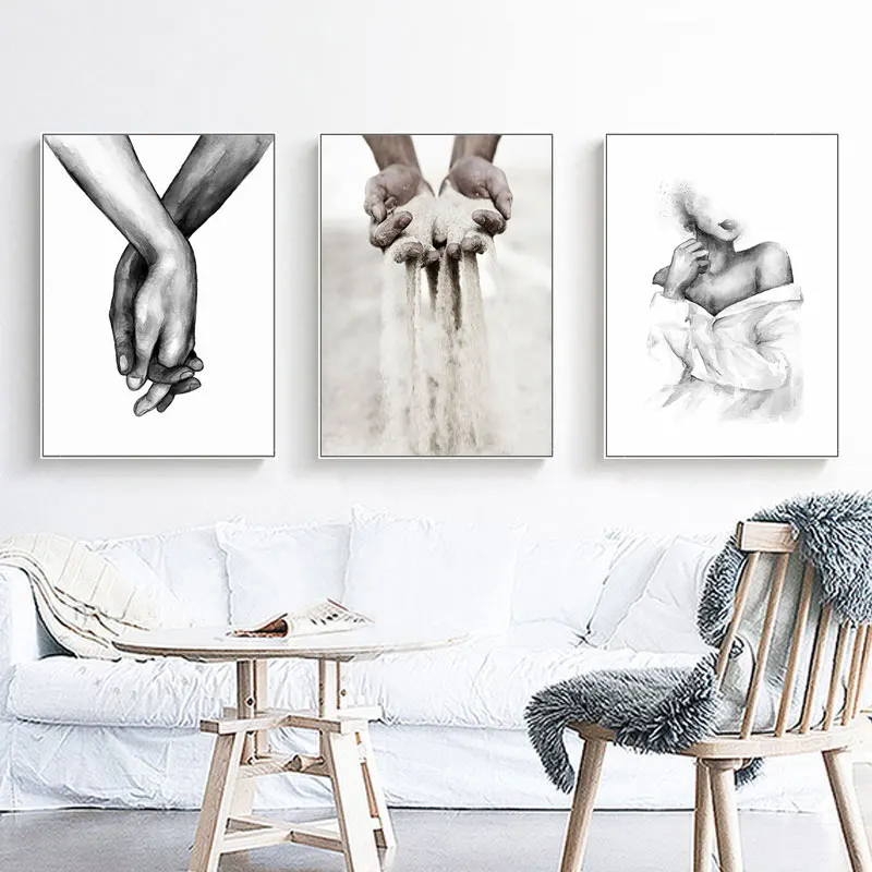 Black White Romantic Hand In Hand Canvas Painting Love Quotes Wall Art Poster Print Fashion Picture Couples Lovers Room Decor